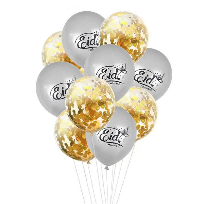 Eid Mubarak Balloons - Silver Balloon Set with Gold Confetti