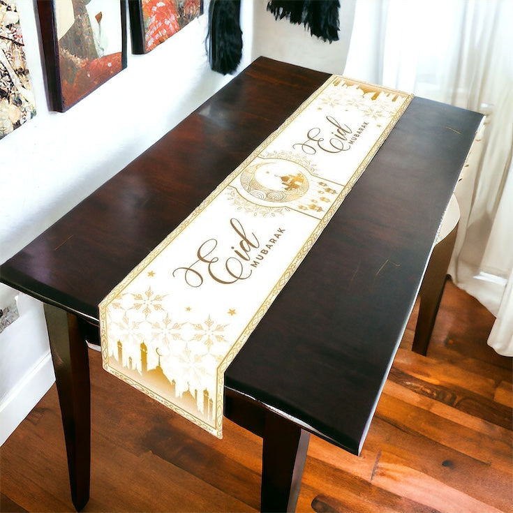 Eid Mubarak Table Runner - White and Gold